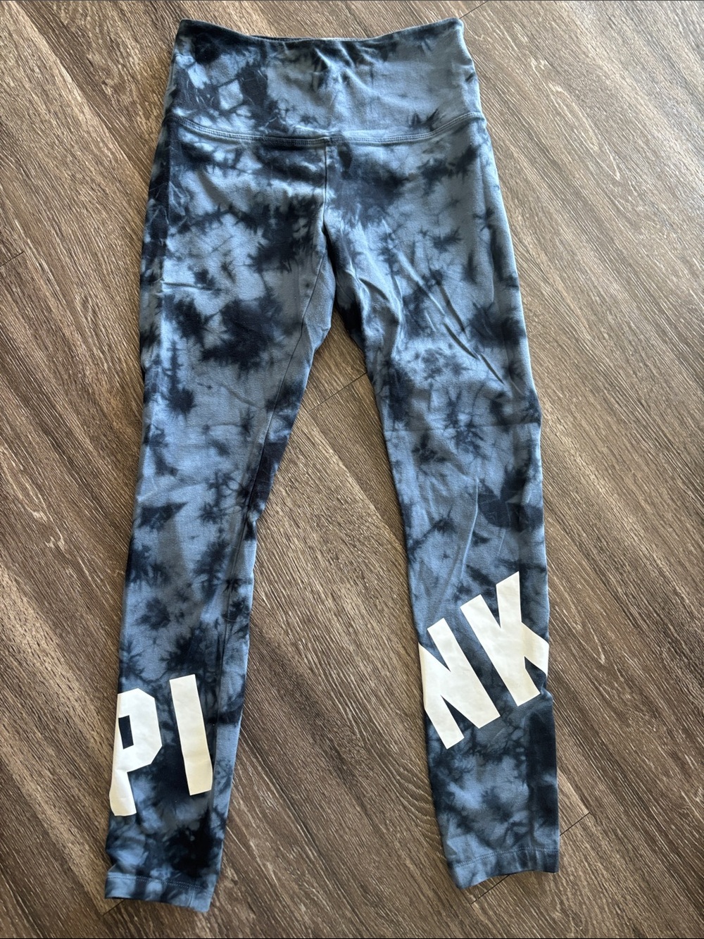 PINK Victoria's Secret Blue and Black Tie-Dye Leggings with White PINK Graphics